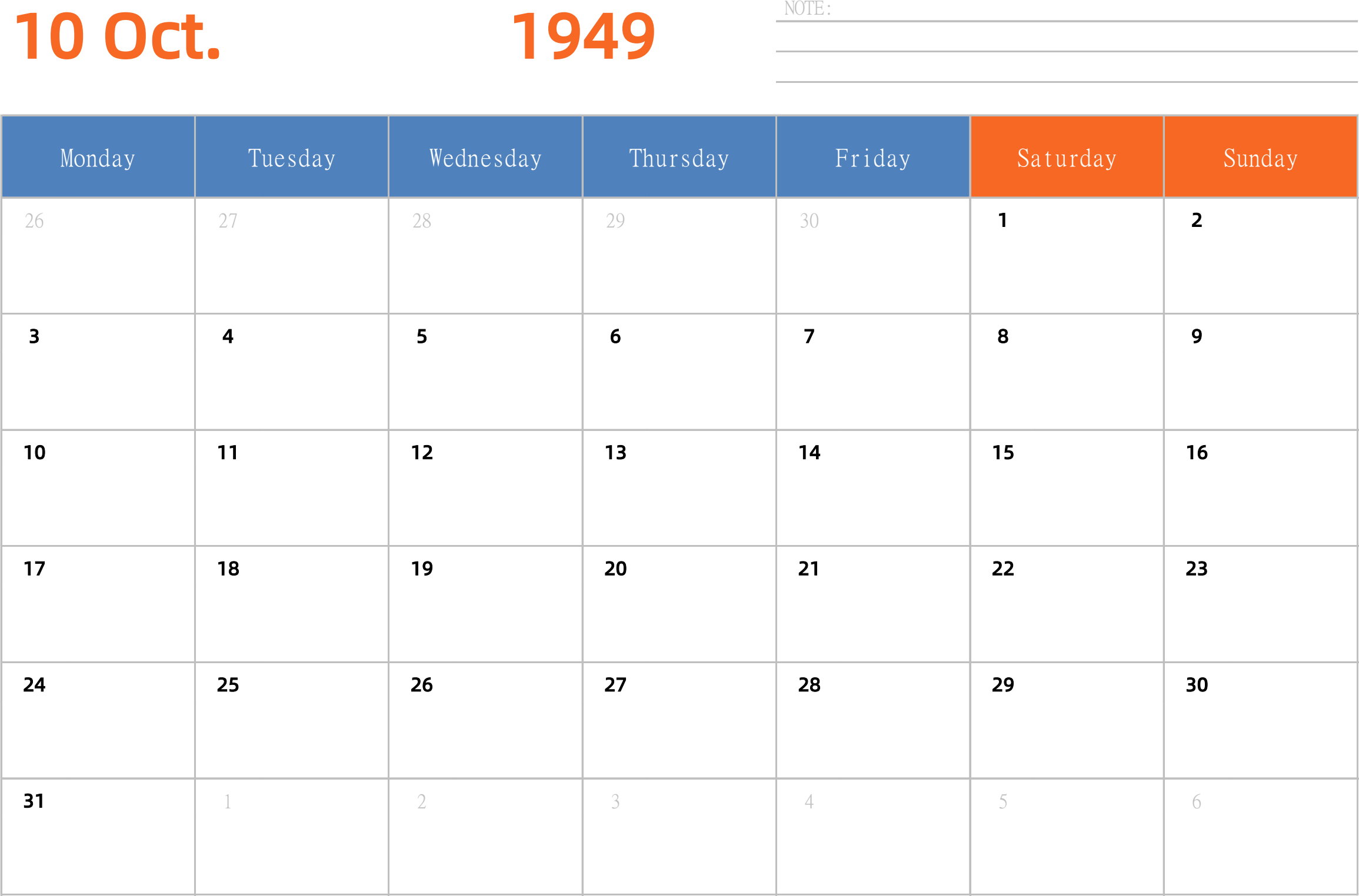 日历表1949年日历 英文版 横向排版 周一开始